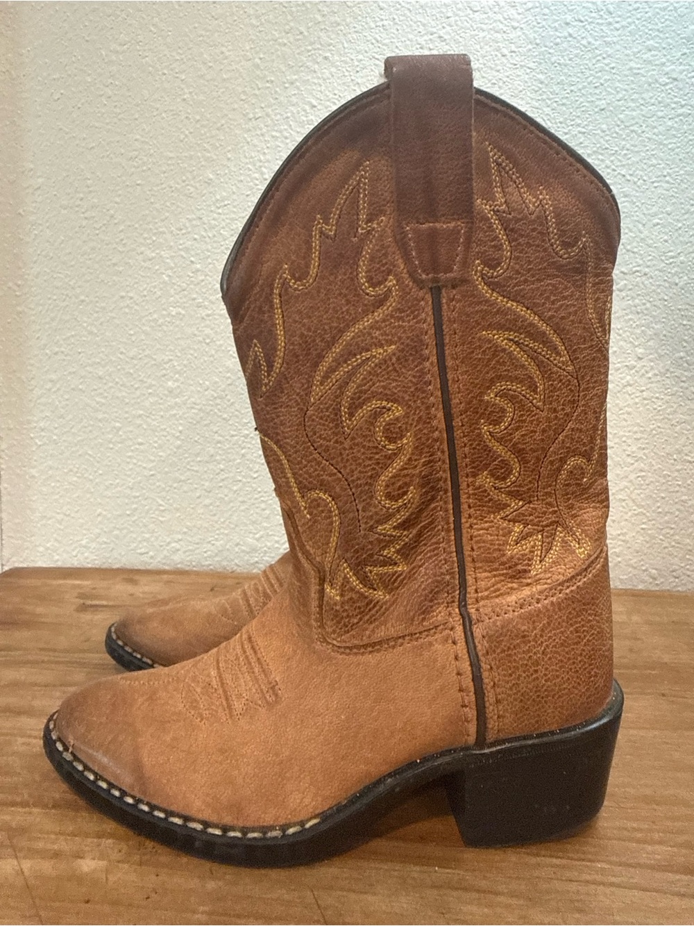 Old West Kids Size 11 Brown Leather Western Cowboy Boots Embroidered